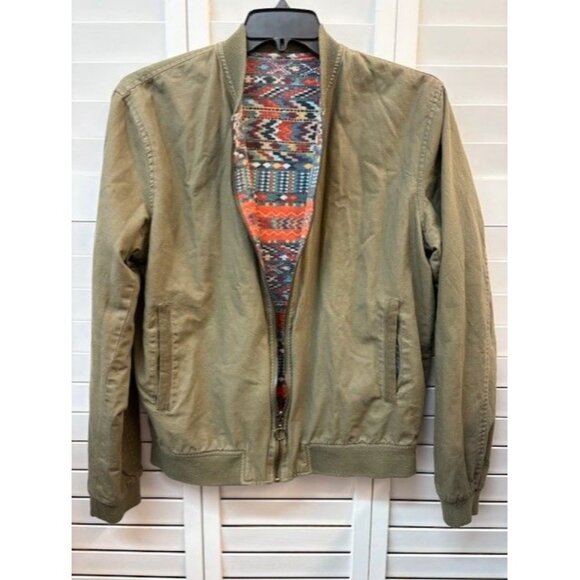 Zara Man XL Reversible Bomber Jacket Olive Green & Multicolor Aztec Pattern Poly - Picture 1 of 6